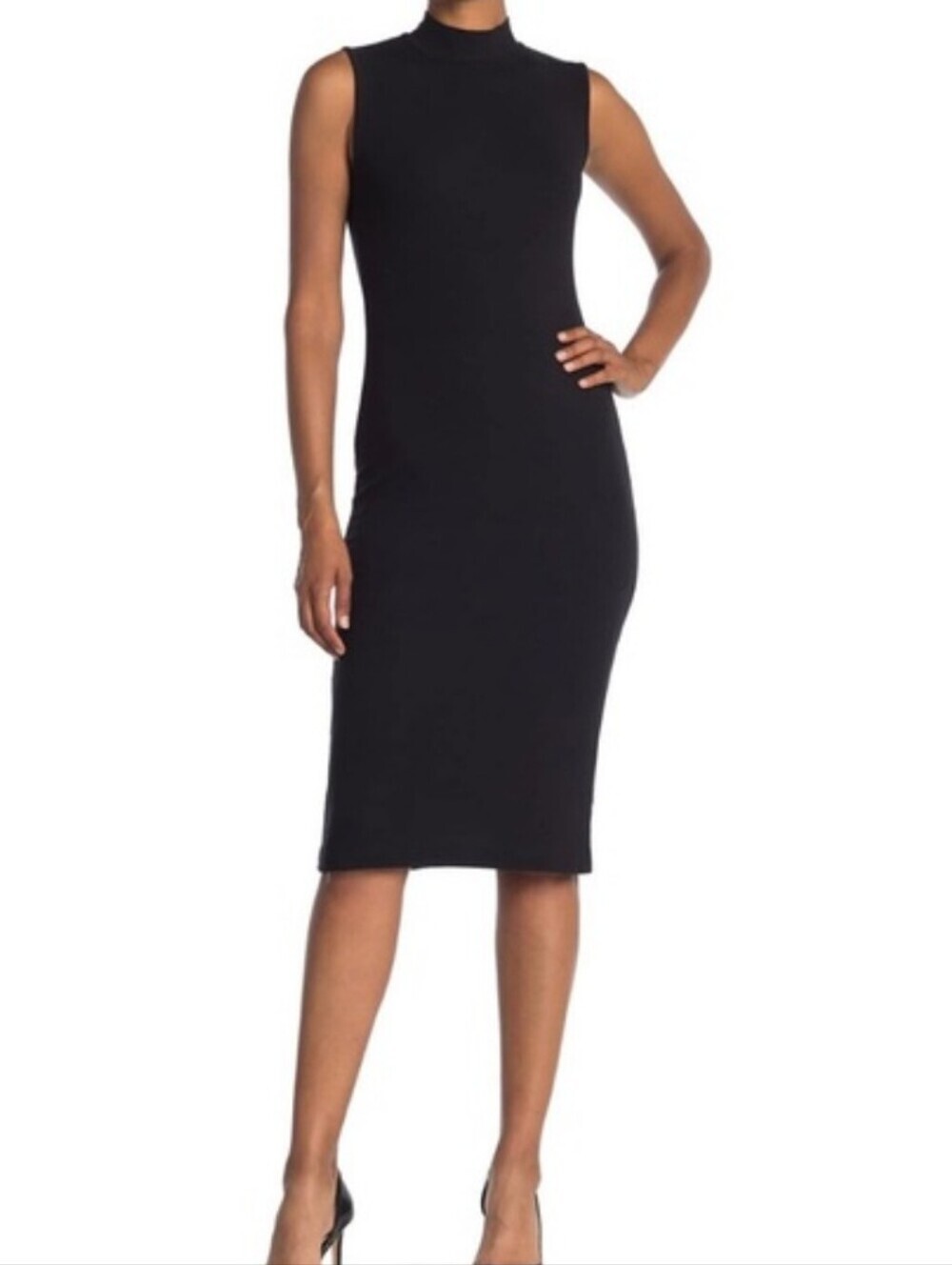 Magaschoni Micro Modal Sleeveless Black Midi Dress with Mock Neck